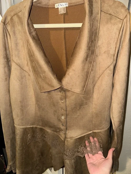 VENUS Brown Suede-Style Button Front Jacket - Picture 4 of 7